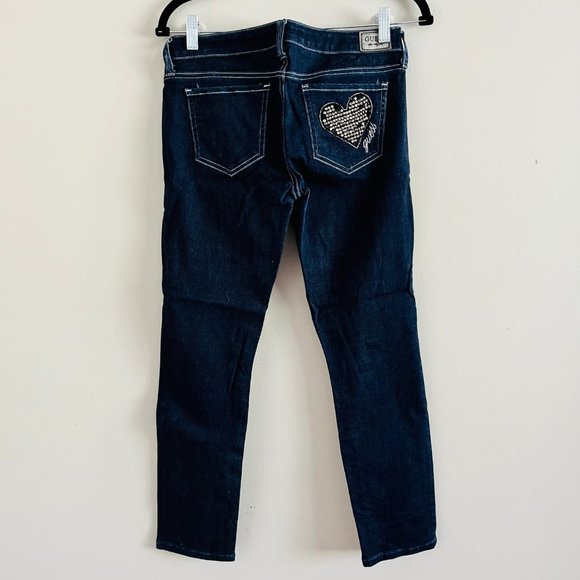 Guess Low-Rise Skinny Dark Wash Jeans with Rhinestone Heart on Back Pocket - Picture 2 of 12